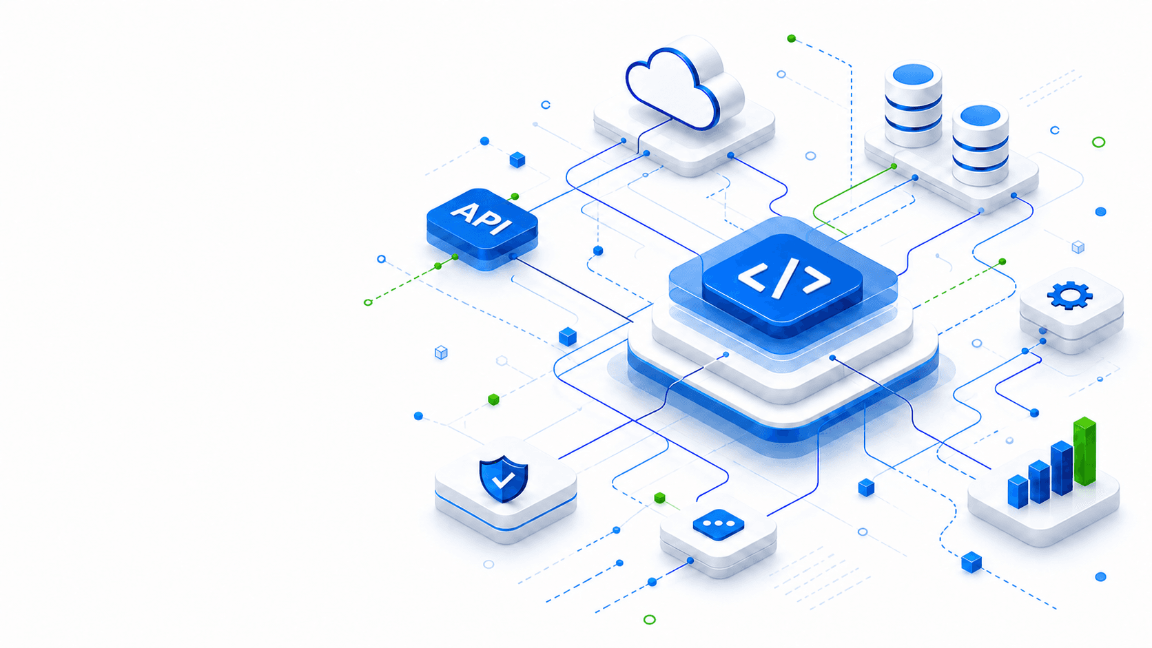 Ecosistema digital conectado con nube, bases de datos, código, seguridad e indicadores